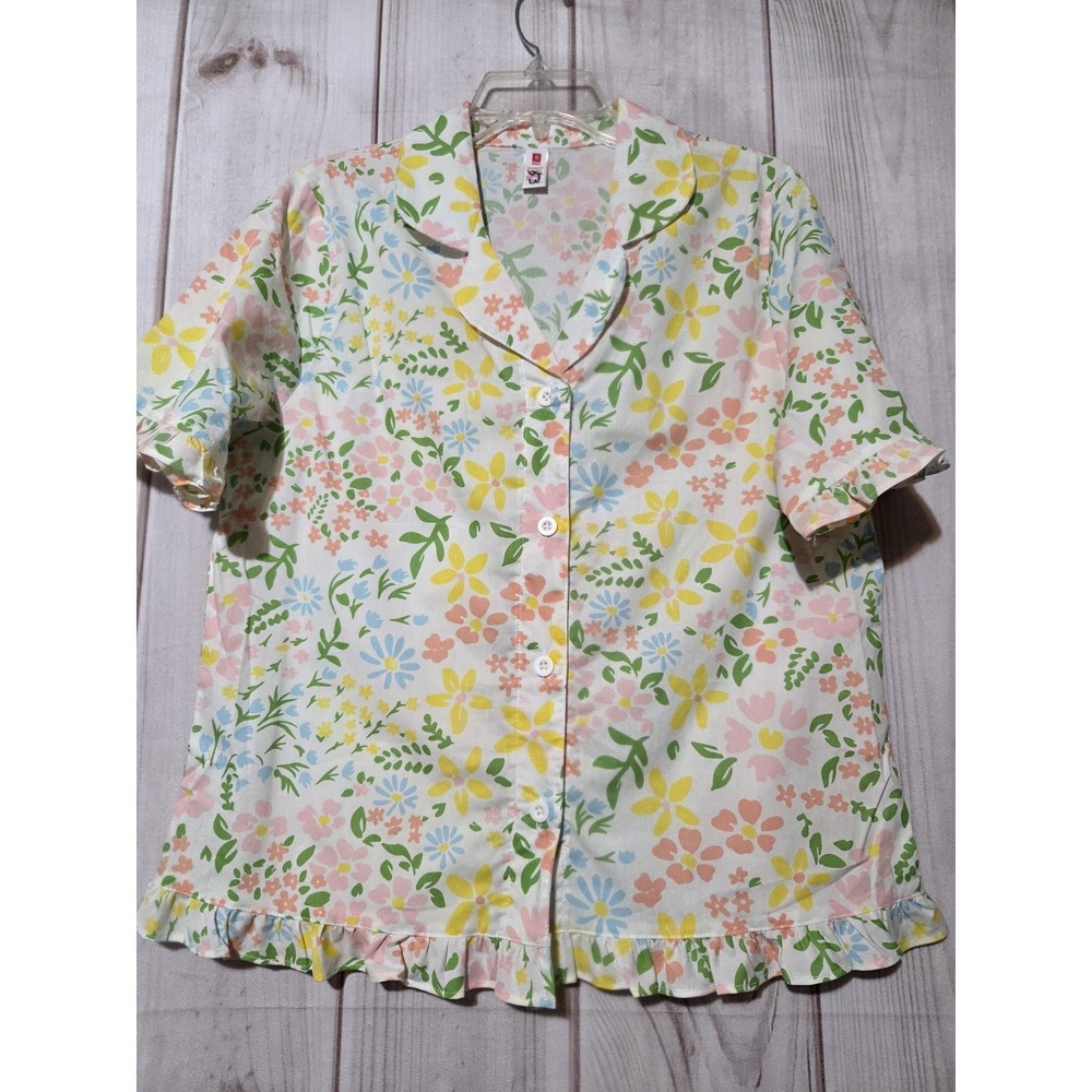Floral Pajama Top Womens Medium Multicolor Cotton‎ Short Sleeve Ruffle Sleepwear